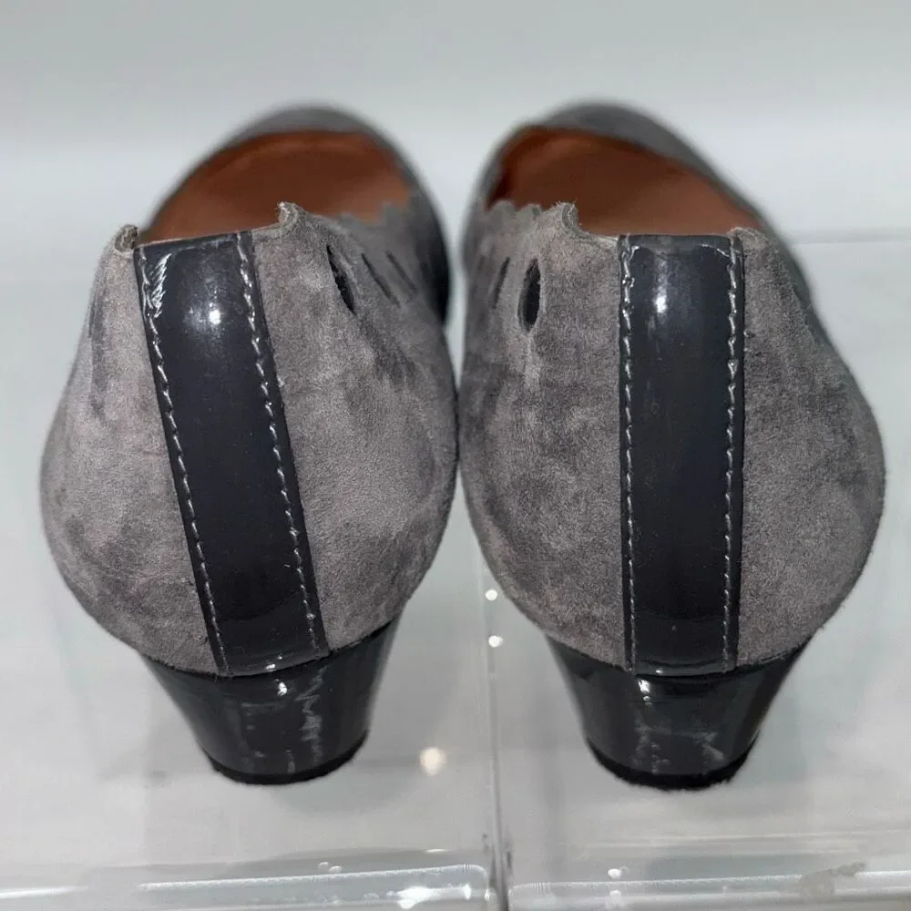 French Sole FS/NY Womens Flat‎ Wedge Shoes Scalloped Grey Suede Patent Dots size